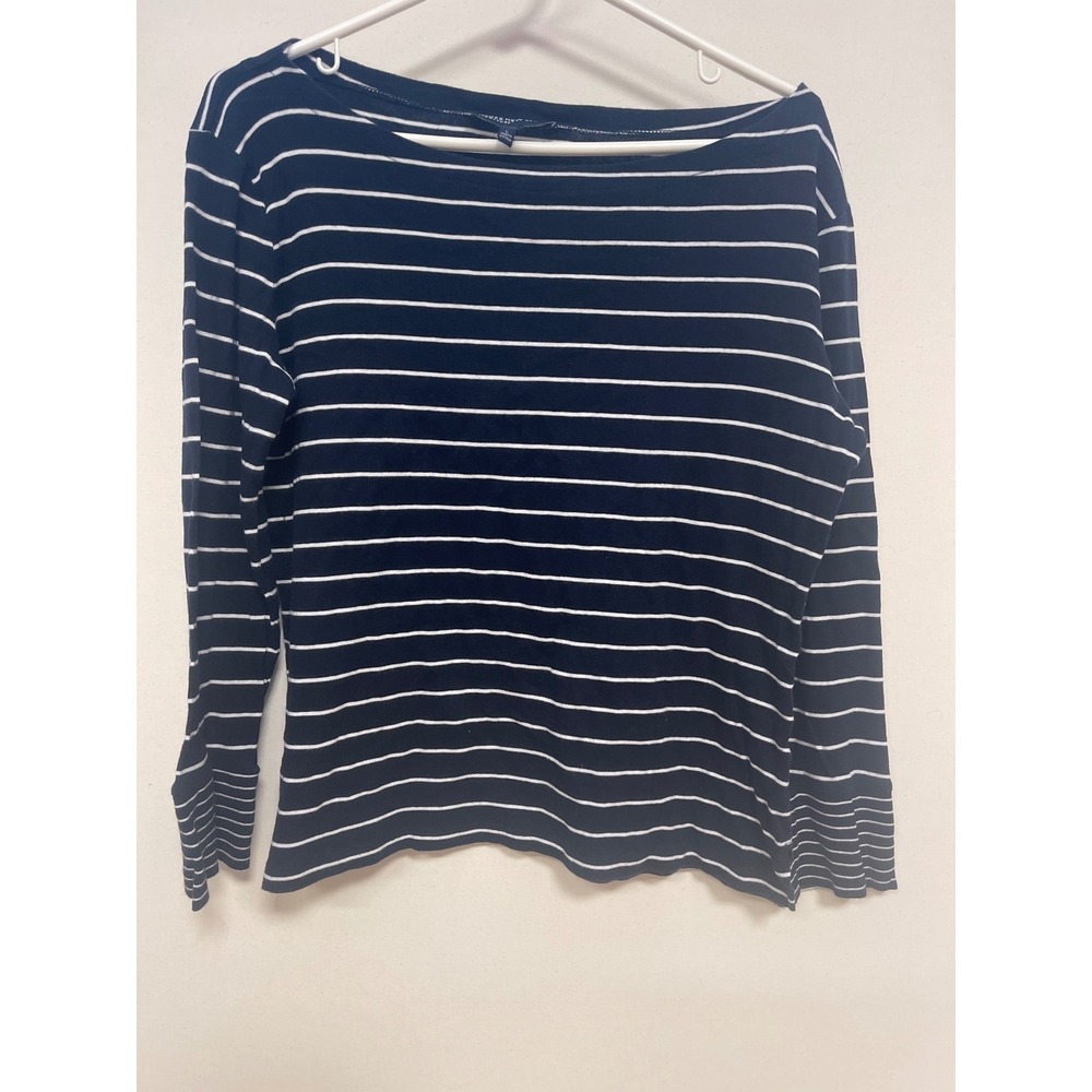 Jones New York Signature Navy White Striped Boat Neck Long Sleeve Top Large